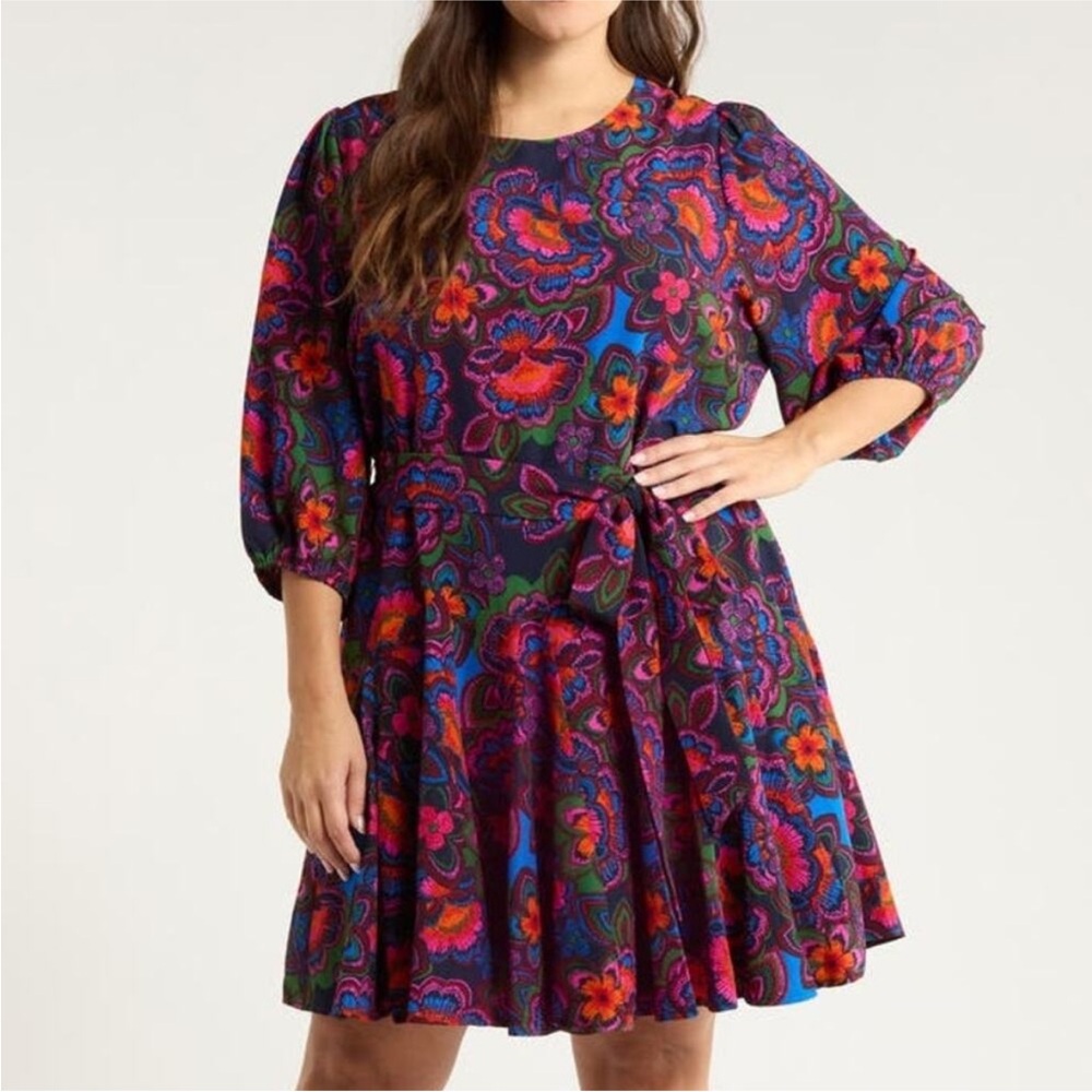 Sugarlips NWOT Rainbow Floral Print Crew Neck Button Tie Waist Mini Dress Small